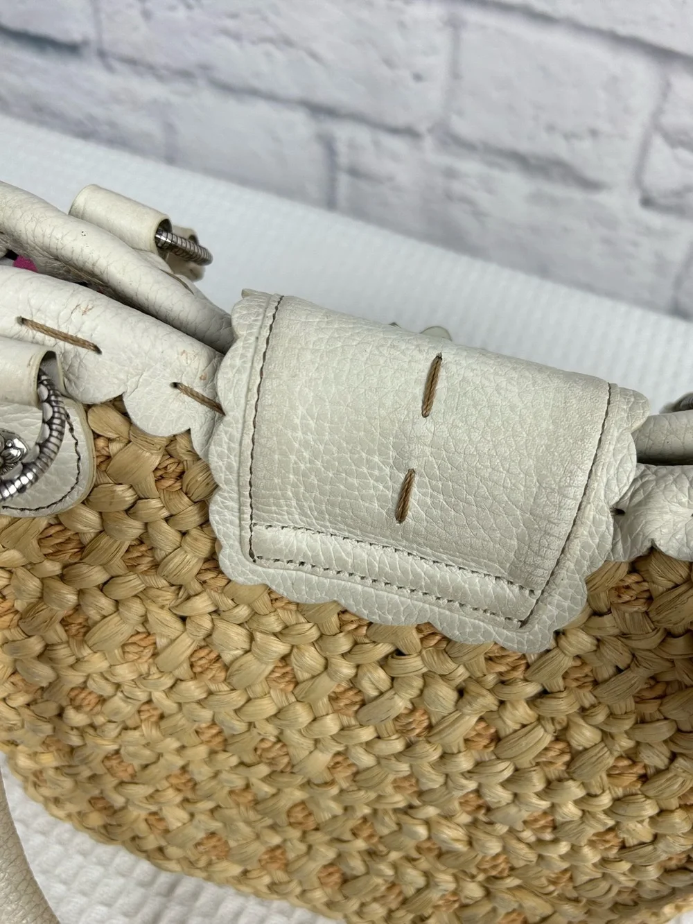 Brighton Raffia Tote White Leather Trim Daisy Floral Lined Shoulder Bag